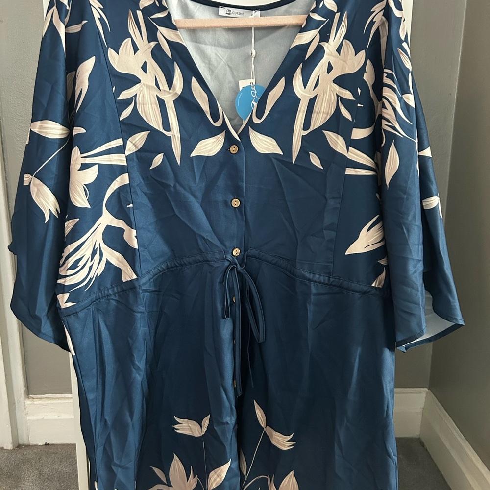 Cupshe Blue and White Ruffled V-Neck Sundress